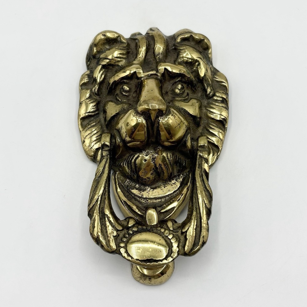 Vintage MCM Victorian Revival Lion Head Brass Door Knocker Patina